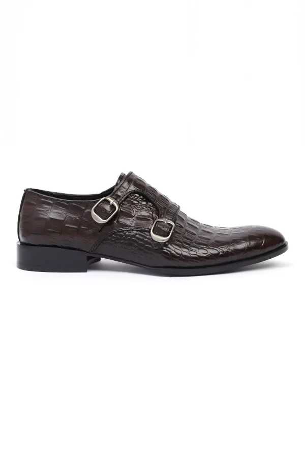 Coffee Croc-Embossed Double Monk Strap Shoes