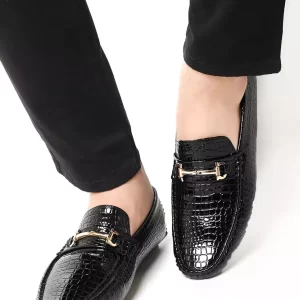 Stylish Black Shiny Loafers with Textured